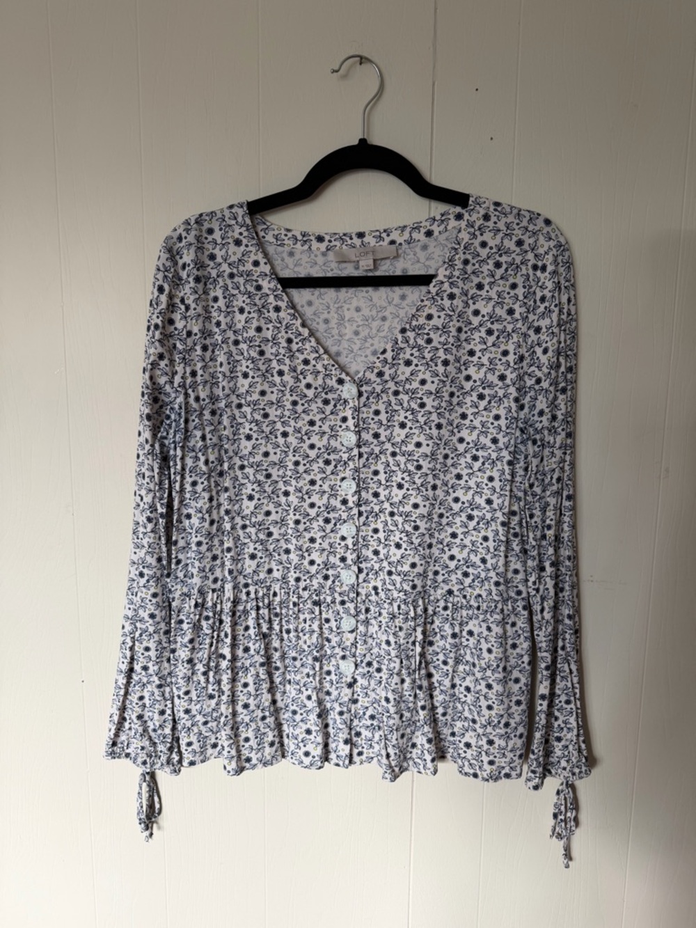 LOFT Light Pink and Blue Floral Button-Front Peplum Blouse
